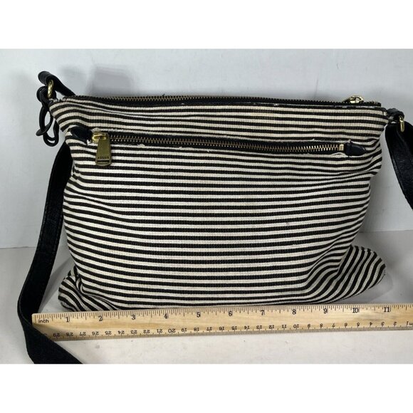 Fossil Kinley Black White Canvas Fabric Striped Brown Leather Crossbody Bag - Picture 12 of 16